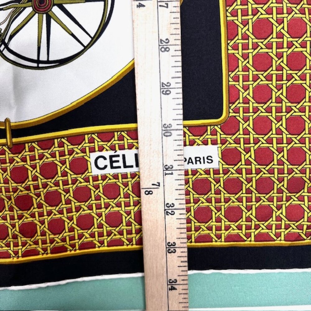 CELINE Paris 100% Silk Satin Scarf 34" beige black gold carriage France  Made(60 - Picture 13 of 14